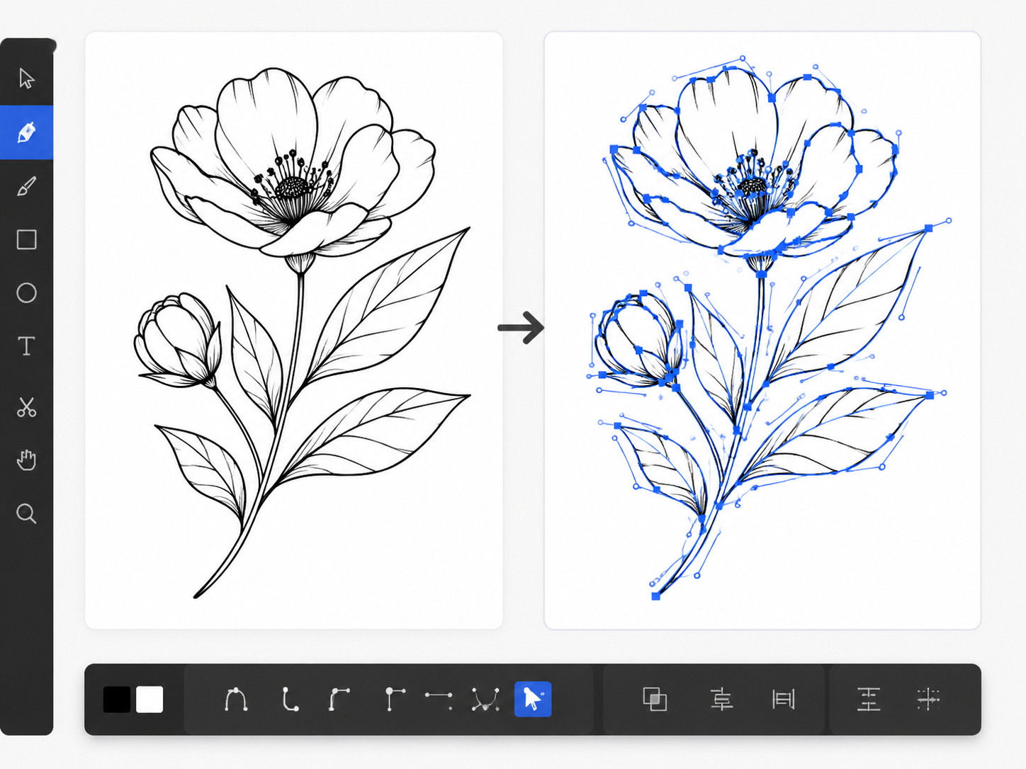 Clean line-art vector preview from an image to vector online workflow